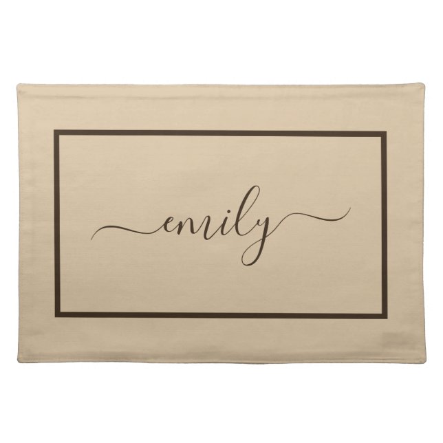 Elegant beige brown script Name Cloth Placemat (Front)