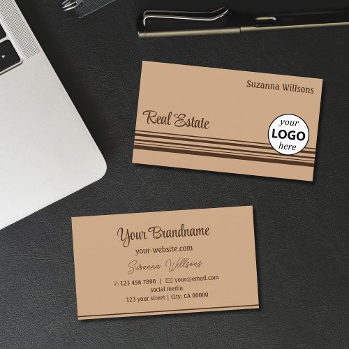 Elegant Beige Brown Stripes with Logo Professional Business Card