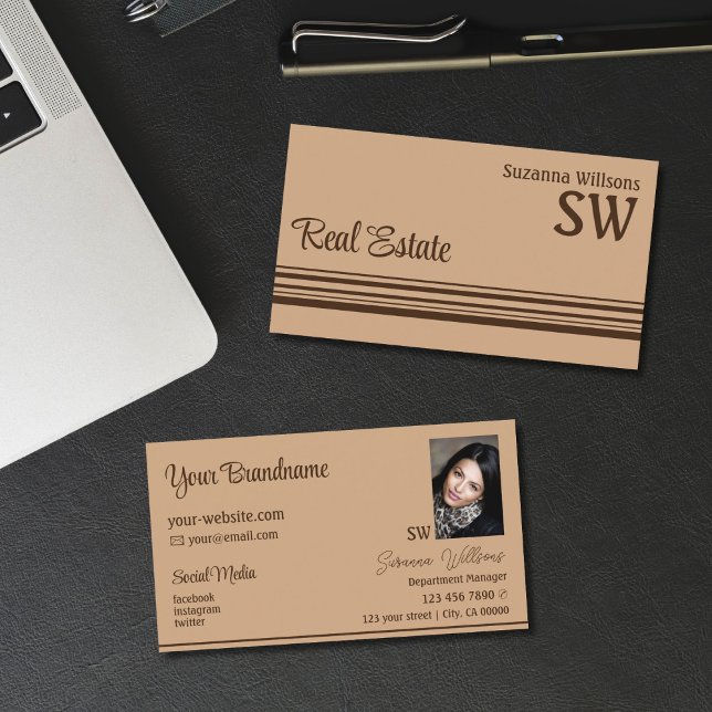 Elegant Beige Brown Stripes with Monogram & Photo Business Card (Creator Uploaded)