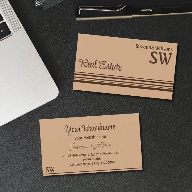 Elegant Beige Brown Stripes with Monogram Stylish Business Card (Creator Uploaded)