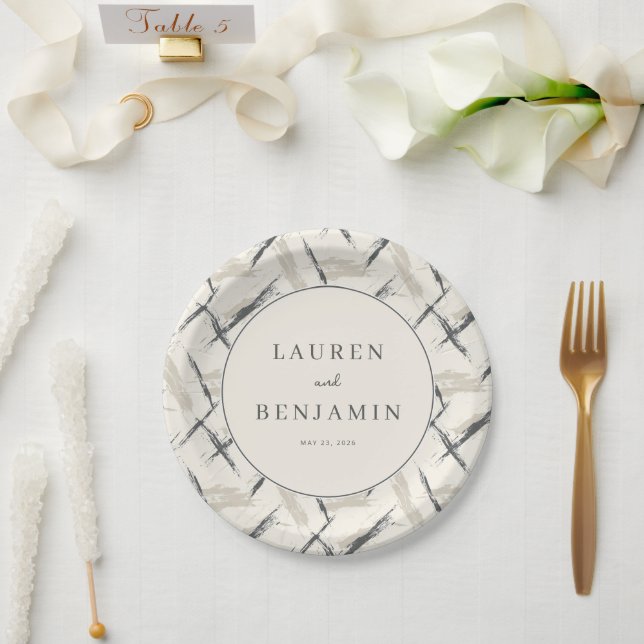 Elegant Beige Brushstroke Circle Paper Plates (Wedding)
