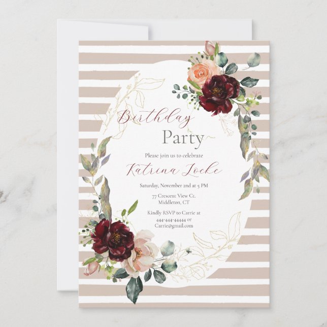 Elegant Beige Burgundy Striped Birthday Invitation (Front)