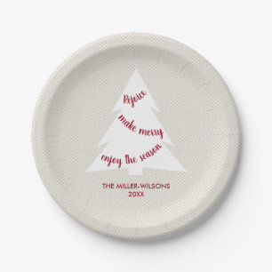 Elegant Beige Burgundy Tree Name Christmas Party Paper Plates
