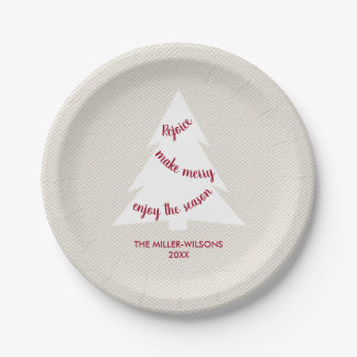 Elegant Beige Burgundy Tree Name Christmas Party Paper Plates