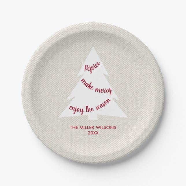 Elegant Beige Burgundy Tree Name Christmas Party Paper Plates (Front)