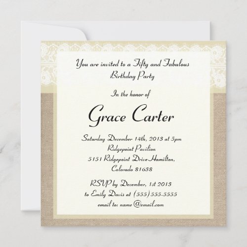 Elegant Beige Burlap Lace Birthday Invitation