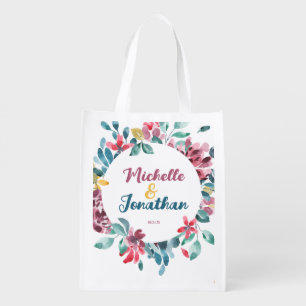Elegant beige colorful watercolor floral wedding grocery bag