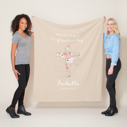 Elegant beige confirmation floral cross name fleece blanket