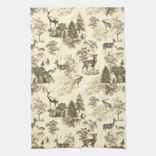 Elegant Beige Country Toile Deer in Woodland Kitchen Towel