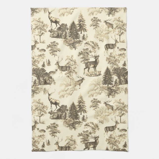Elegant Beige Country Toile Deer in Woodland Kitchen Towel (Vertical)