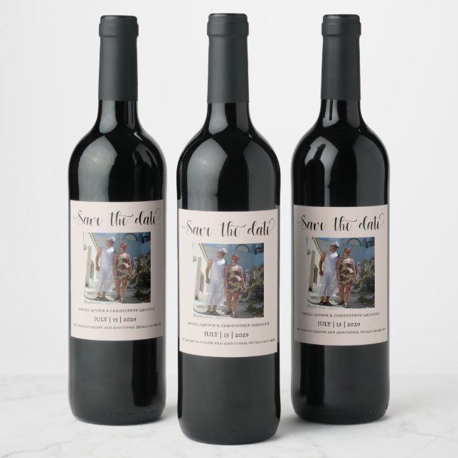 Elegant Beige Couple Photo Save the date  Wine Label (Bottles)
