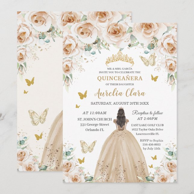Elegant Beige Cream Floral Gold Quinceañera 16th  Invitation (Front/Back)