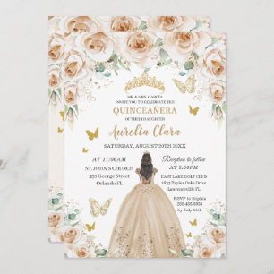 Elegant Beige Cream Floral Gold Quinceañera 16th Invitation