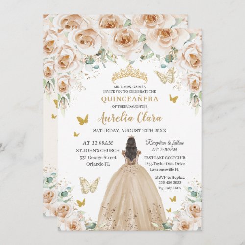 Elegant Beige Cream Floral Gold Quinceaera 16th  Invitation