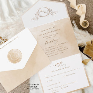 Elegant Beige Cream Watercolor Monogram Wedding Al All In One Invitation