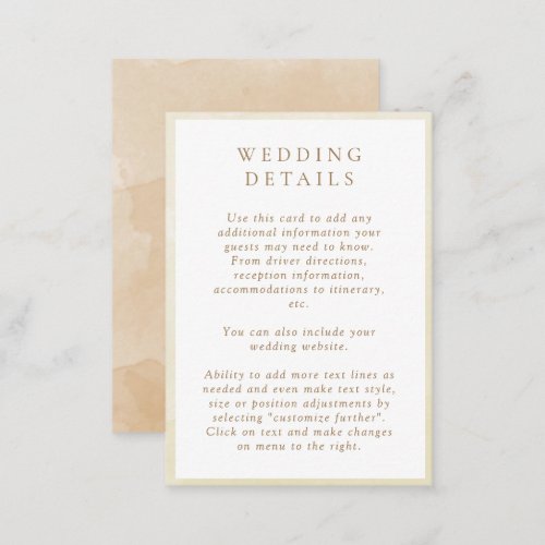 Elegant Beige Cream Watercolor Wedding Details Enclosure Card