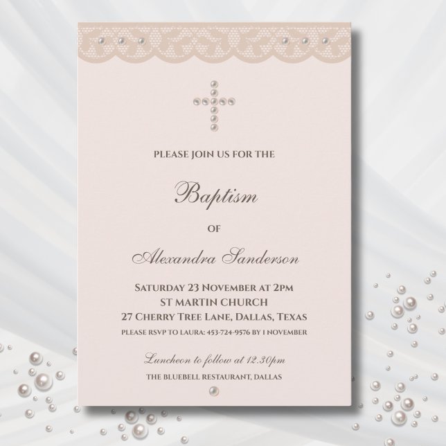 Elegant Beige Cross Christening Christian Baptism Invitation (Creator Uploaded)