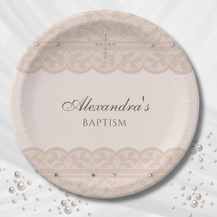 Elegant Beige Cross Christening Christian Baptism Paper Plates