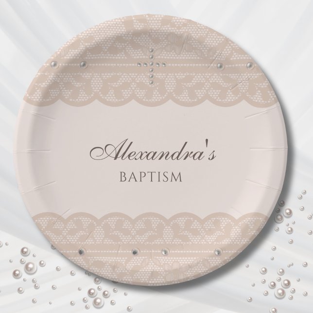 Elegant Beige Cross Christening Christian Baptism Paper Plates (Creator Uploaded)