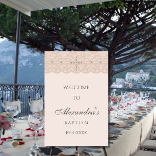 Elegant Beige Cross Christian Baptism Welcome Sign