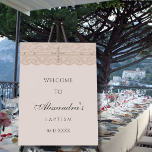 Elegant Beige Cross Christian Baptism Welcome Sign