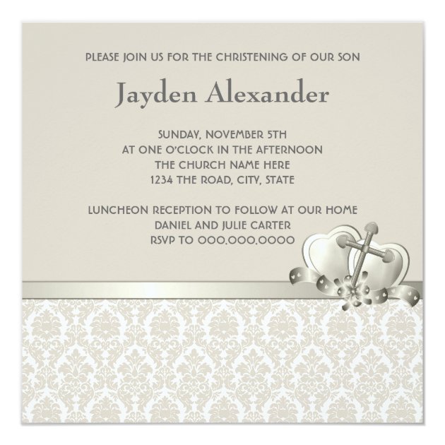 Elegant Beige Damask Boys Photo Christening Card