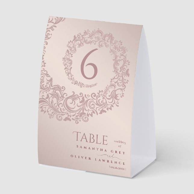 Elegant Beige Damask Wedding Table Number Paper Table Tent (Front)