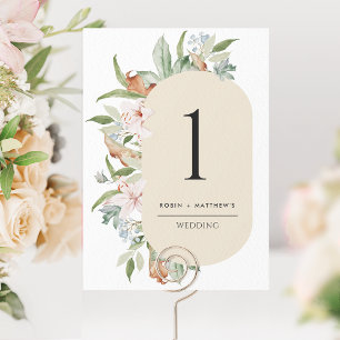 Elegant Beige, Earthy Blooms Wedding Table Number