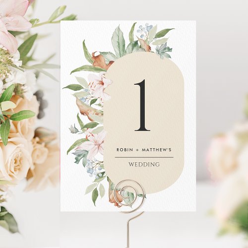 Elegant Beige Earthy Blooms Wedding Table Number