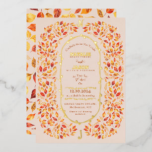 Elegant Beige Fall Leaves Rustic Boho Wedding Foil Invitation