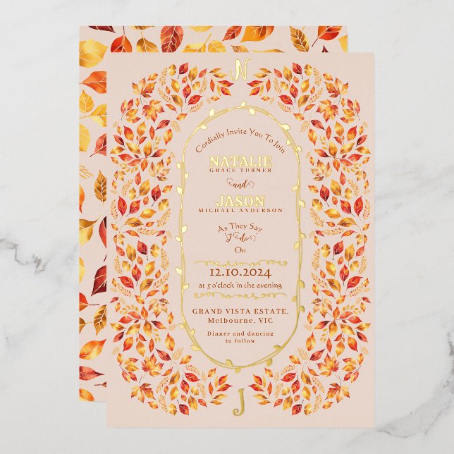 Elegant Beige Fall Leaves Rustic Boho Wedding Foil Invitation (Front/Back)