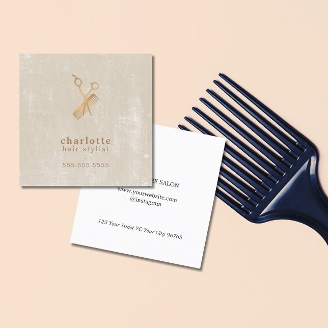 Elegant Beige Faux Gold Scissors Comb Hairstylist Square Business Card (Creator Uploaded)