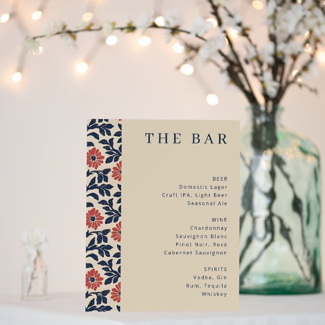Elegant Beige Floral Bar Menu Foam Board (In Situ (Wedding))