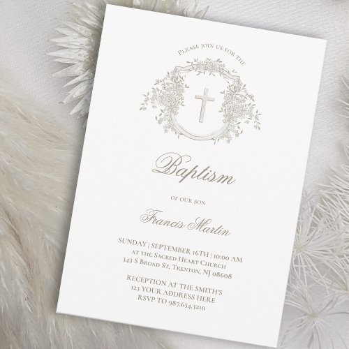 elegant beige floral crest  Baptism Invitation