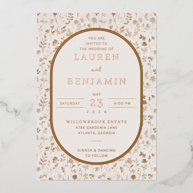 Elegant Beige Floral Foil Invitation (Front)