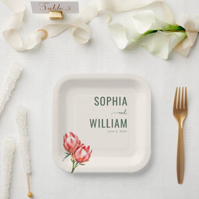 Elegant Beige Floral Protea Paper Plates (Wedding)