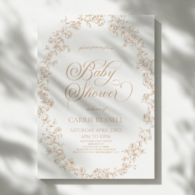 Elegant Beige Floral Roses Line Art Baby Shower Invitation (Creator Uploaded)