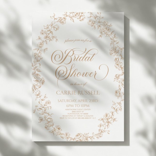 Elegant Beige Floral Roses Line Art Bridal Shower Invitation (Creator Uploaded)
