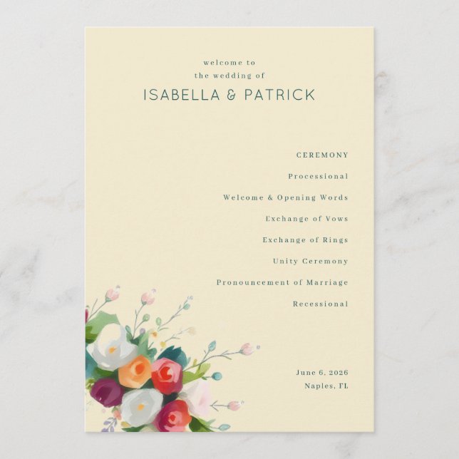 Elegant Beige Floral Wedding Ceremony Program (Front)