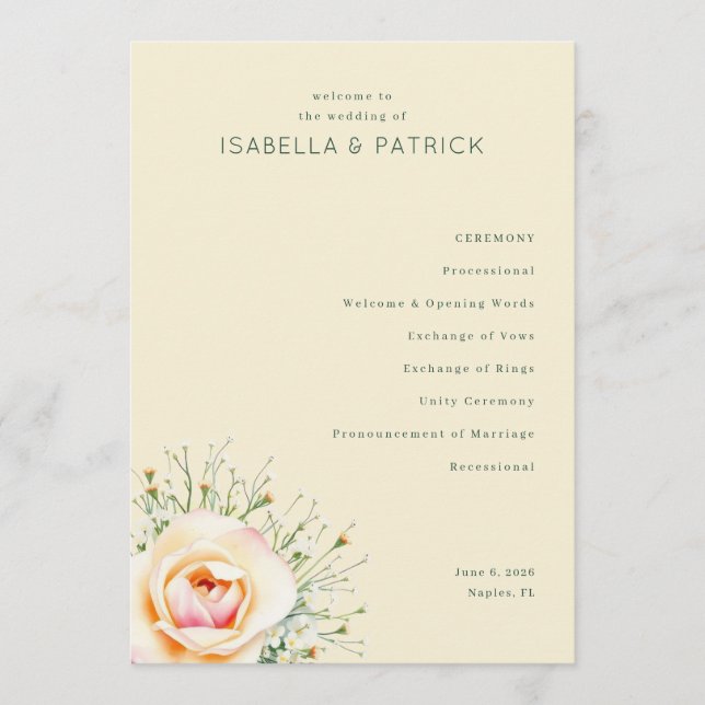 Elegant Beige Floral Wedding Program (Front)