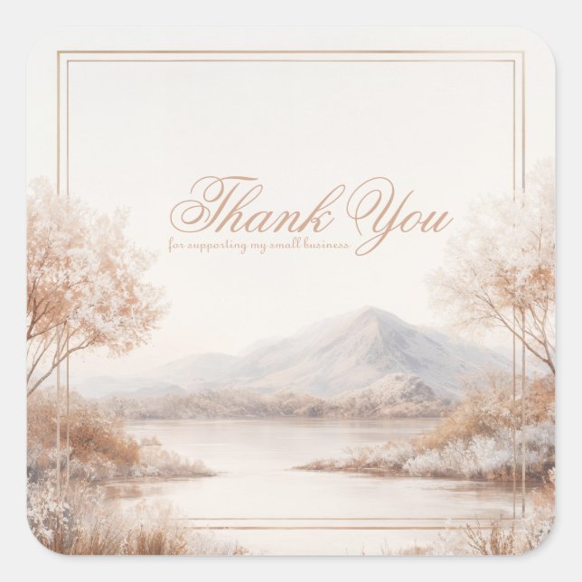 Elegant Beige Frosted Lake Gold Frame Landscape Square Sticker (Front)