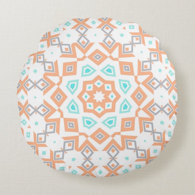 Elegant beige geometric retro pattern round pillow (Front)
