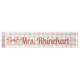 Elegant Beige Gingham with Bow Accent Custom Desk Name Plate