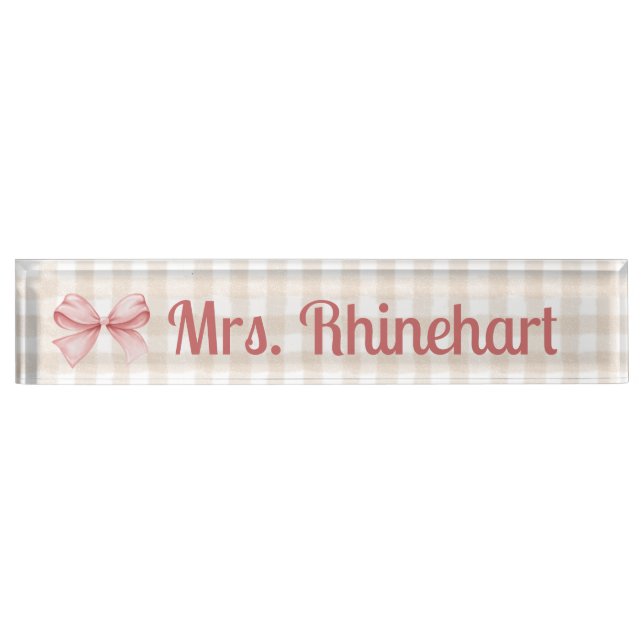 Elegant Beige Gingham with Bow Accent Custom Desk Name Plate (Front)