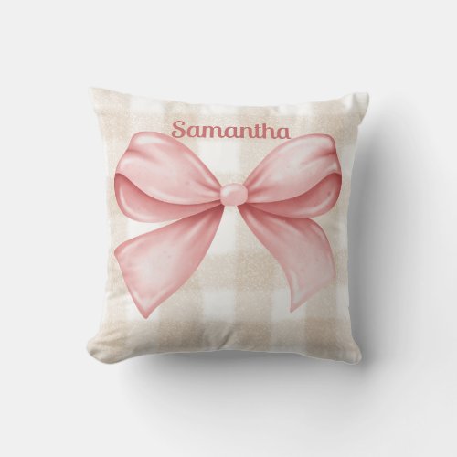 Elegant Beige Gingham with Pink Bow Accent Custom Throw Pillow