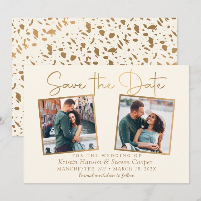 Elegant Beige Gold 2 Photo Save The Date Card (Front/Back)