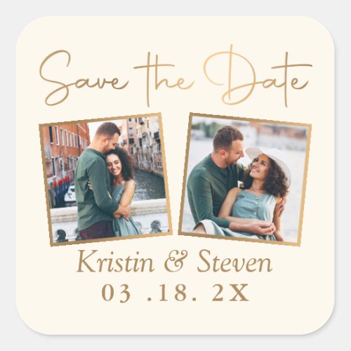 Elegant Beige Gold 2 Photo Save The Date Square Sticker