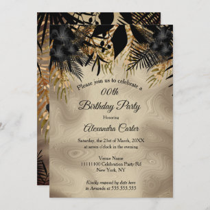 Elegant Beige Gold Black Floral Birthday Party Invitation