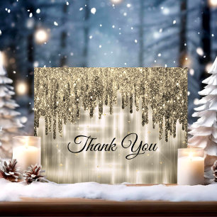 Elegant beige gold dripping glitter thank you card