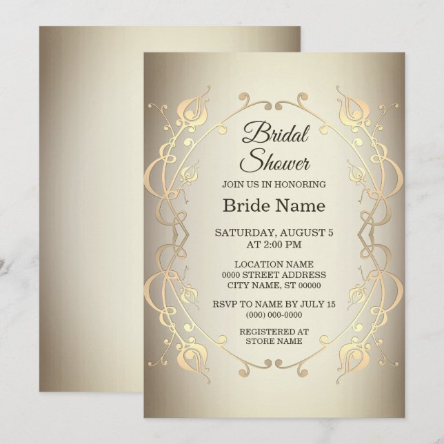 Elegant Beige Gold Floral Bridal Shower Invitation (Front/Back)